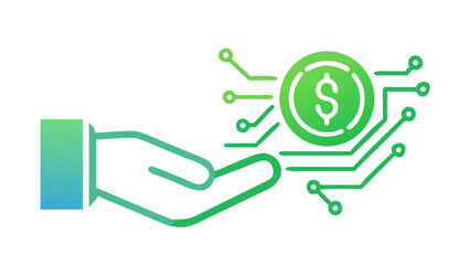 A digital leaf symbol made of circuit lines being exchanged for a coin, concept of blockchain-based carbon credits and environmental offset.