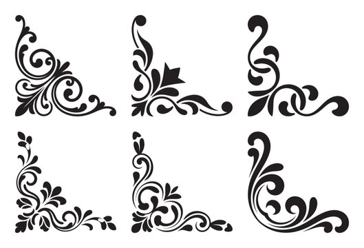Decorative set of six vintage calligraphic swirl corner ornaments in black style