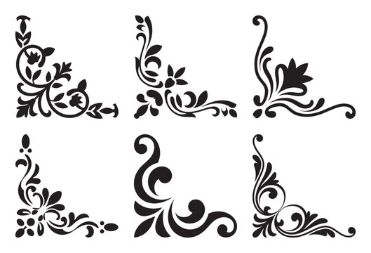 A set of black and white ornate corner decorative elements for design projects