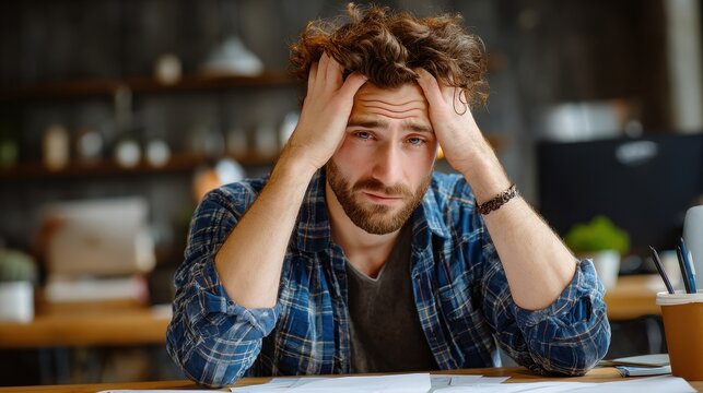 Stressed millennial businessman grappling with bad news and emotional turmoil