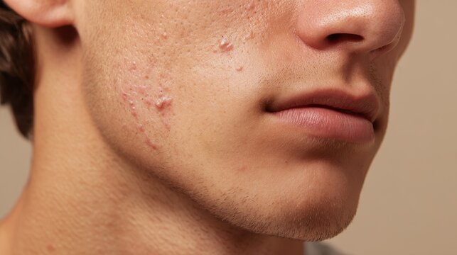 Teen boy with acne against a beige backdrop close up
