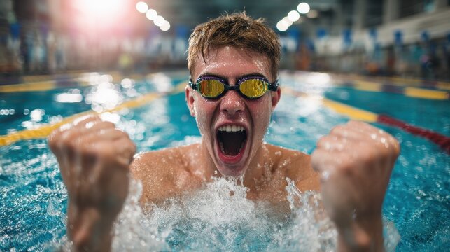 Teenage boy athlete rejoicing in the pool after winning