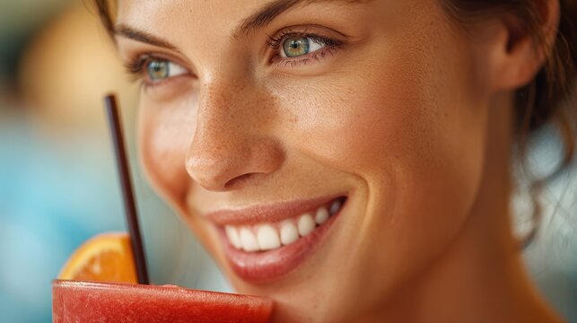 That s her smoothie grin Closeup of a beautiful woman savoring a fruit drink