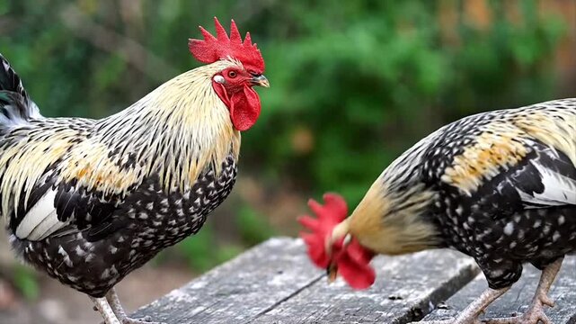 Vibrant Roosters Confront on Wooden Surface. Colorful Rooster Standoff with Golden Feathers. Black and White Roosters Poised Alert.