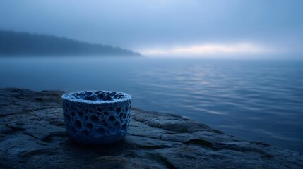 A textured blue porous vessel sits on a rocky shore beside a misty lake at dawn