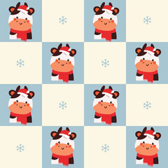 cute cartoon cow with red scarf in blue patchwork wallpaper