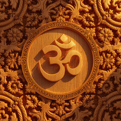 Naklejka premium Sacred Om Wood Carving Seamless Pattern, Thai Temple Style 3D Teak Engraving, Warm Golden Light