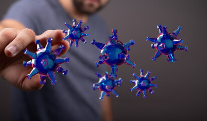 3D render illustration of a man's hand interacting with virus models. Conceptual image for disease, science, a