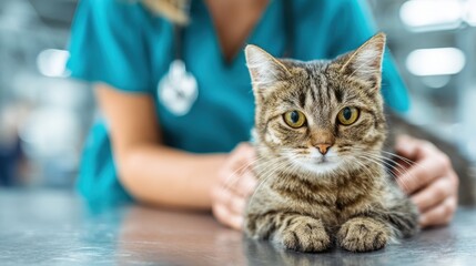 Vet and owner with a cat on a steel table at the clinic Healing after injury animal care trust and support