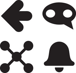 A set of vector silhouette icon like shear arrow, chat bubble, bell