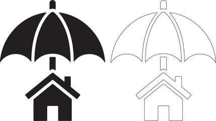 Black and white icons of a house under an umbrella for protection and security