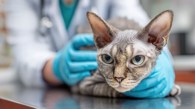 A vet assesses a three pawed disabled Cornish Rex cat at a clinic focusing on its health care and vaccination
