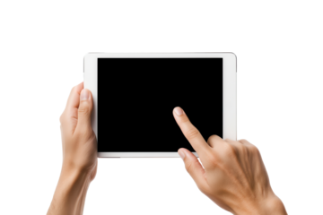 Tablet mockup with hands holding a blank digital tablet with a single finger touching the screen on transparent background png file