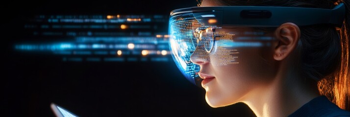 A woman wears futuristic goggles and headphones for immersive technology experience.