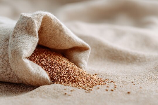 Close-up of amaranth grains spilling from an open burlap sack onto a textured surface