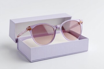 Fashionable pastel purple sunglasses presented in an open gift box