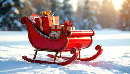 Festive Red Sleigh Filled with Colorful Gifts in a Snowy Winter Landscape Glimmering Under Soft Sunlight