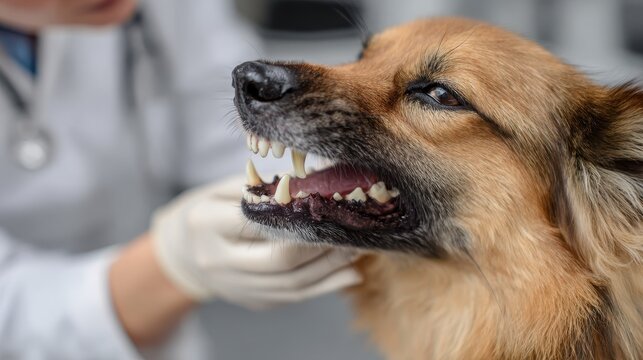 Veterinarian checks dog s dental health Animal clinic visit for pet care Fangs shown up close