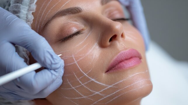 Thread facelift skin lifting procedure with mesothreads A beautician gloved marks a woman s face in white for filler application