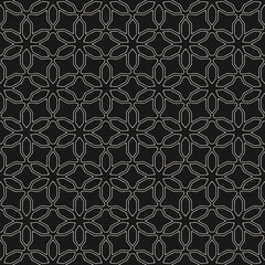 Abstract geometric seamless pattern in Islamic style. Black and white ornamental lines texture, elegant floral lattice, grid. Traditional background. Subtle vector ornament. Dark repeated geo design