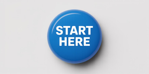 Blue circular button with text start here in white begin commence
