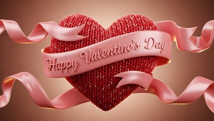Knitted heart with 'Happy Valentine's Day' ribbon and flowing pink ribbons