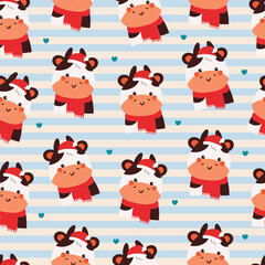 cute seamless pattern cartoon cow with red scarf in blue strip wallpaper