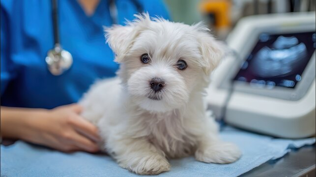 An ultrasound examination of a Maltese dog s abdomen Veterinarian assessing the animal s health and monitoring puppies