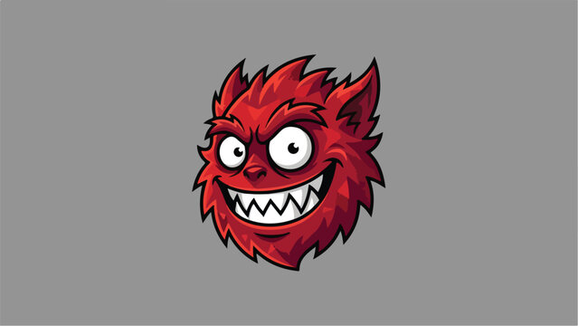 Red monster face with sharp teeth and wide eyes on gray background.