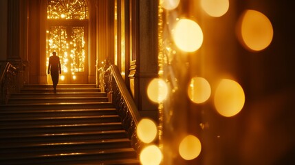 Warm light illuminates a hallway at night with a person ascending the stairs.