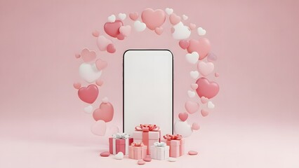 Smartphone surrounded by heart balloons and gift boxes on pink background for Valentine's Day