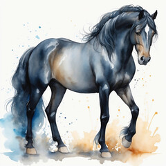 Gray horse with flowing mane stands confidently on white background in an artistic style showing colorful splashes