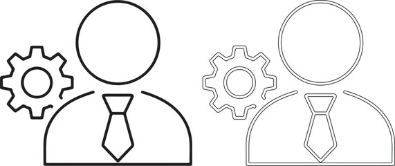 Black and white line icons of business people with gear symbols