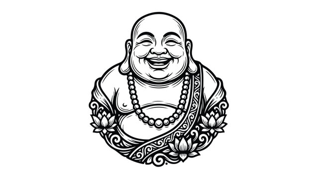 Smiling Buddha Illustration A Detailed Black and White Artwork.