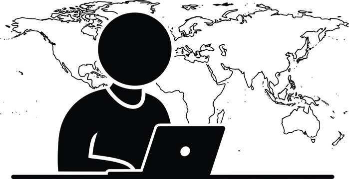 remote worker person using laptop in front of world map