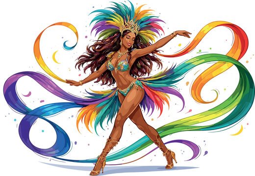 Samba dancer with vibrant costume and rainbow-colored ribbons in motion