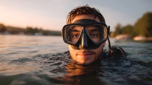 Man wearing a diving mask looks from the water at sunset