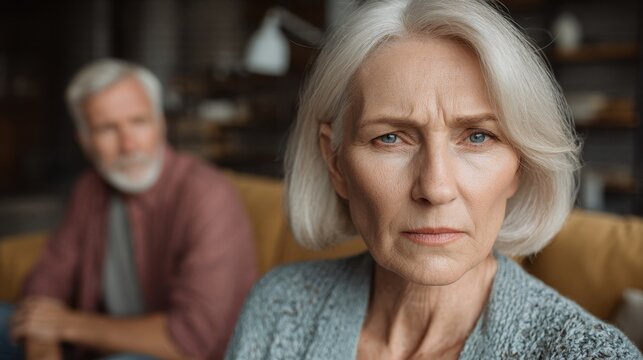 Elderly white couple miscommunicates during a marital crisis upset wife gazes at the camera while the blurred husband sits behind her