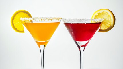 Two elegant cocktails in glasses against white background.