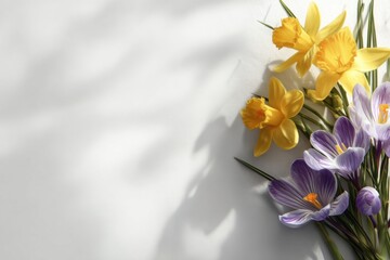 Vibrant yellow daffodils and purple crocuses arranged artistically on a soft white background, showcasing the beauty of spring flowers with natural light and gentle shadows