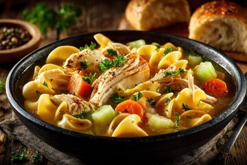 Delicious bowl of chicken noodle soup with fresh vegetables, herbs, and pasta, served in a rustic black bowl on a wooden table, showcasing comfort food and warmth