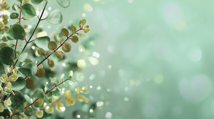 Green foliage with delicate leaves and soft bokeh background creates a serene atmosphere, ideal for nature-themed designs or wellness concepts with copy space