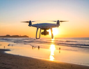Drone soaring over the beach at sunset, capturing stunning aerial footage.