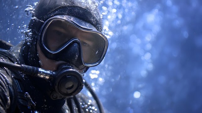 Close up of a determined scuba diver underwater wearing a mask and breathing apparatus with a stream of bubbles rising in the deep blue water