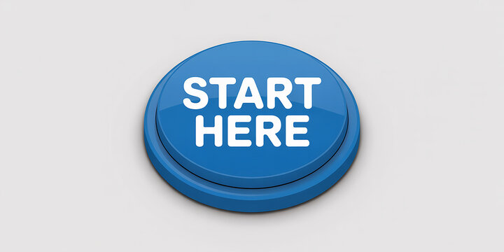 Blue glossy button with white text STARTHERE on a light gray background start here