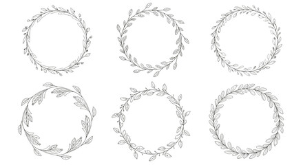 Set of six black and white floral wreaths with intricate leafy patterns perfect for wedding invitations and stationery.