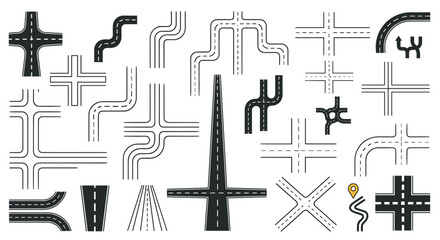 Diverse collection of road and highway intersection types in flat black and white vector styles for city planning and navigation diagrams.