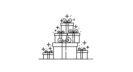 Minimalist line art drawing of a pyramid of stacked gift boxes decorated with sparkling stars and a simple bow.