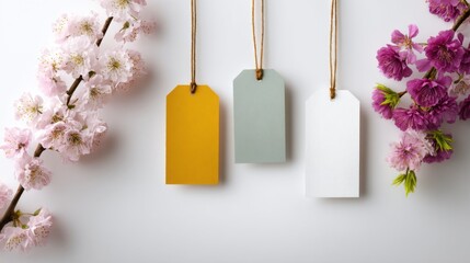 Colorful blank tags in yellow, green, and white hanging on twine, surrounded by delicate pink and purple flowers, creating a vibrant springtime atmosphere with copy space