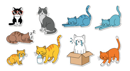 Collection of adorable cat stickers in various poses and emotional states including sleeping, crying, drinking milk, and wearing sunglasses.